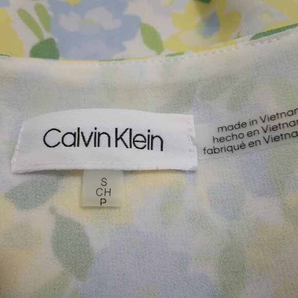 Calvin Klein | Floral V Neck Ruffled Sleeves Chiffon Blouse Yellow Blue | Size S - Picture 7 of 10